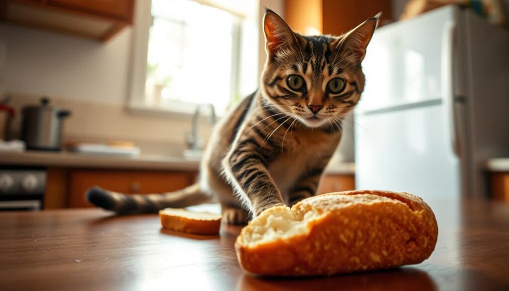 A cozy kitchen counter, bathed in soft, natural lighting from a nearby window. In the foreground, a delicate portion of freshly baked bread sits alongside a curious feline, its paws gently reaching towards the enticing treat. The cat's eyes are wide with interest, its body poised with a mix of caution and temptation. The background features subtle, blurred appliances and subtle hints of a homey, inviting atmosphere. The scene conveys a sense of balance, where the cat's natural instincts to explore the bread are tempered by an understanding of appropriate portions and safety. This image captures the essence of "Bread as a Treat: When It's Acceptable" for our feline companions. A cozy kitchen counter, bathed in soft, natural lighting from a nearby window. In the foreground, a delicate portion of freshly baked bread sits alongside a curious feline, its paws gently reaching towards the enticing treat. The cat's eyes are wide with interest, its body poised with a mix of caution and temptation. The background features subtle, blurred appliances and subtle hints of a homey, inviting atmosphere. The scene conveys a sense of balance, where the cat's natural instincts to explore the bread are tempered by an understanding of appropriate portions and safety. This image captures the essence of "Bread as a Treat: When It's Acceptable" for our feline companions.