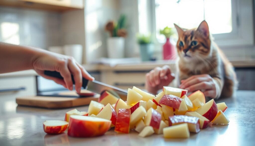 A cozy kitchen countertop with bright natural lighting, showcasing freshly washed apples being carefully sliced and diced by a pair of loving hands. In the foreground, the juicy apple pieces are arranged in an inviting display, while in the background, a contented feline watches with keen interest, anticipating a delectable treat. The scene radiates a warm, homely atmosphere, capturing the thoughtful preparation of a healthy snack for the cherished family pet. A cozy kitchen countertop with bright natural lighting, showcasing freshly washed apples being carefully sliced and diced by a pair of loving hands. In the foreground, the juicy apple pieces are arranged in an inviting display, while in the background, a contented feline watches with keen interest, anticipating a delectable treat. The scene radiates a warm, homely atmosphere, capturing the thoughtful preparation of a healthy snack for the cherished family pet.
