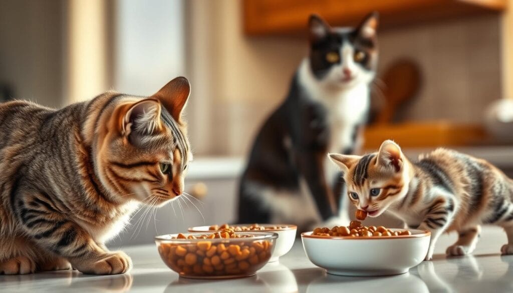 A cozy kitchen scene, with a well-lit counter top and ceramic bowls filled with wet cat food. In the foreground, a senior tabby cat carefully laps up the nutrient-rich meal, while a playful kitten nibbles nearby. In the middle ground, an adult tuxedo cat observes the feeding, its gaze attentive. The background features warm, diffused lighting, suggesting a softly lit afternoon. The image conveys a sense of care and attentiveness, reflecting the importance of tailoring a cat's diet to its age and activity level. A cozy kitchen scene, with a well-lit counter top and ceramic bowls filled with wet cat food. In the foreground, a senior tabby cat carefully laps up the nutrient-rich meal, while a playful kitten nibbles nearby. In the middle ground, an adult tuxedo cat observes the feeding, its gaze attentive. The background features warm, diffused lighting, suggesting a softly lit afternoon. The image conveys a sense of care and attentiveness, reflecting the importance of tailoring a cat's diet to its age and activity level.