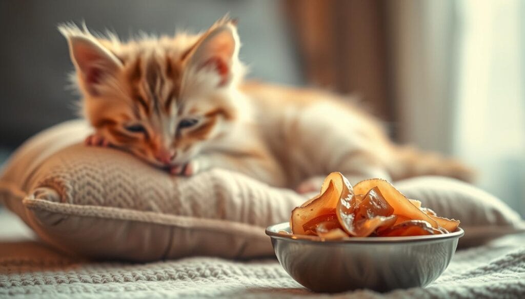 A delicate kitten, its soft fur gleaming, rests peacefully on a plush pillow. In the foreground, a small bowl of freshly prepared, nutrient-dense ham sits, emitting a tantalizing aroma. The lighting is soft and warm, casting a gentle glow on the scene. The background is blurred, creating a sense of focus on the kitten's well-being. The composition is balanced, with the kitten and the bowl of ham positioned in a harmonious arrangement, conveying a sense of care and attention to the kitten's health and dietary needs. The overall mood is one of tranquility and nourishment, reflecting the special considerations required for kittens and health-challenged cats. A delicate kitten, its soft fur gleaming, rests peacefully on a plush pillow. In the foreground, a small bowl of freshly prepared, nutrient-dense ham sits, emitting a tantalizing aroma. The lighting is soft and warm, casting a gentle glow on the scene. The background is blurred, creating a sense of focus on the kitten's well-being. The composition is balanced, with the kitten and the bowl of ham positioned in a harmonious arrangement, conveying a sense of care and attention to the kitten's health and dietary needs. The overall mood is one of tranquility and nourishment, reflecting the special considerations required for kittens and health-challenged cats.