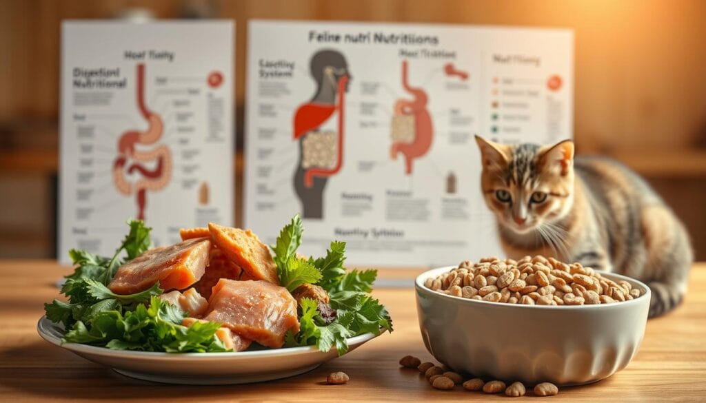 A detailed comparison of human and feline nutritional needs, showcased in a meticulously crafted still life. In the foreground, a plate of healthy human food - leafy greens, lean protein, whole grains - contrasted against a bowl of premium cat kibble. In the middle ground, anatomical diagrams highlighting the distinct digestive systems and nutritional requirements of each species. The background bathed in warm, natural lighting, emphasizing the differences between the two diets. Captured with a sharp, documentary-style lens to convey the educational nature of the scene. The overall mood is one of informative clarity, guiding the viewer through the essential nutritional divide between humans and their feline companions. A detailed comparison of human and feline nutritional needs, showcased in a meticulously crafted still life. In the foreground, a plate of healthy human food - leafy greens, lean protein, whole grains - contrasted against a bowl of premium cat kibble. In the middle ground, anatomical diagrams highlighting the distinct digestive systems and nutritional requirements of each species. The background bathed in warm, natural lighting, emphasizing the differences between the two diets. Captured with a sharp, documentary-style lens to convey the educational nature of the scene. The overall mood is one of informative clarity, guiding the viewer through the essential nutritional divide between humans and their feline companions.