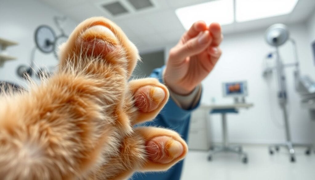 A detailed illustration of raw diet veterinary insights. In the foreground, a close-up view of a cat's paw, showcasing the rough pads and sharp claws. In the middle ground, a veterinarian's hand examines the paw, providing a professional assessment. The background depicts a modern veterinary clinic, with clean white walls, stainless steel medical equipment, and a sense of clinical expertise. The lighting is soft and diffused, creating a calming atmosphere. The overall scene conveys the veterinary perspective on the benefits and risks of a raw meat diet for cats, with a focus on the importance of professional guidance. A detailed illustration of raw diet veterinary insights. In the foreground, a close-up view of a cat's paw, showcasing the rough pads and sharp claws. In the middle ground, a veterinarian's hand examines the paw, providing a professional assessment. The background depicts a modern veterinary clinic, with clean white walls, stainless steel medical equipment, and a sense of clinical expertise. The lighting is soft and diffused, creating a calming atmosphere. The overall scene conveys the veterinary perspective on the benefits and risks of a raw meat diet for cats, with a focus on the importance of professional guidance.
