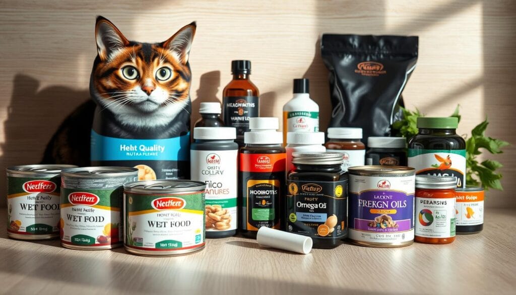 A detailed still life scene showcasing the essential feline nutritional items. In the foreground, a selection of high-quality wet and dry cat food cans, their labels prominently displayed. In the middle ground, a variety of natural supplements like omega-3 oils, probiotics, and vitamins, arranged neatly. The background features a neutral-toned wooden surface, with soft, indirect lighting casting gentle shadows. The overall composition emphasizes the importance of a balanced, nutritious diet for the optimal health and well-being of your beloved cat. A detailed still life scene showcasing the essential feline nutritional items. In the foreground, a selection of high-quality wet and dry cat food cans, their labels prominently displayed. In the middle ground, a variety of natural supplements like omega-3 oils, probiotics, and vitamins, arranged neatly. The background features a neutral-toned wooden surface, with soft, indirect lighting casting gentle shadows. The overall composition emphasizes the importance of a balanced, nutritious diet for the optimal health and well-being of your beloved cat.