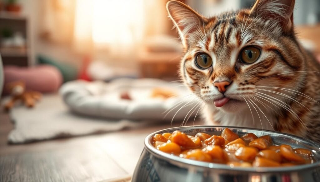 A high-quality, richly detailed photograph of the key benefits of a moist cat diet. In the foreground, a close-up of a cat's face, its eyes bright and alert, gently licking its moist, shiny fur. In the middle ground, a bowl of wet cat food, the moist texture and rich colors clearly visible. In the background, a serene domestic scene, with a cozy cat bed, toys, and other feline-friendly accoutrements. Warm, soft lighting illuminates the scene, creating a comforting, inviting atmosphere. The overall impression conveys the nourishing, hydrating benefits of a moist cat diet, supporting a healthy, vibrant feline companion. A high-quality, richly detailed photograph of the key benefits of a moist cat diet. In the foreground, a close-up of a cat's face, its eyes bright and alert, gently licking its moist, shiny fur. In the middle ground, a bowl of wet cat food, the moist texture and rich colors clearly visible. In the background, a serene domestic scene, with a cozy cat bed, toys, and other feline-friendly accoutrements. Warm, soft lighting illuminates the scene, creating a comforting, inviting atmosphere. The overall impression conveys the nourishing, hydrating benefits of a moist cat diet, supporting a healthy, vibrant feline companion.