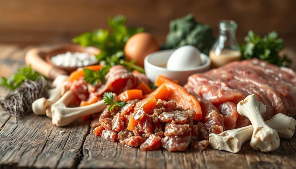 A high-resolution, detailed close-up photograph of various raw meat-based cat food ingredients laid out on a rustic wooden surface. The foreground features freshly ground muscle meat, organ meat, and bones, arranged in an aesthetically pleasing composition. The middle ground showcases fresh vegetables and supplements like kelp, eggs, and probiotics. The background is softly blurred, creating a sense of depth and focus on the nutritious raw cat food components. The lighting is natural and warm, highlighting the vibrant colors and textures of the ingredients. The overall mood is one of health, nourishment, and the benefits of a species-appropriate raw diet for feline companions. A high-resolution, detailed close-up photograph of various raw meat-based cat food ingredients laid out on a rustic wooden surface. The foreground features freshly ground muscle meat, organ meat, and bones, arranged in an aesthetically pleasing composition. The middle ground showcases fresh vegetables and supplements like kelp, eggs, and probiotics. The background is softly blurred, creating a sense of depth and focus on the nutritious raw cat food components. The lighting is natural and warm, highlighting the vibrant colors and textures of the ingredients. The overall mood is one of health, nourishment, and the benefits of a species-appropriate raw diet for feline companions.