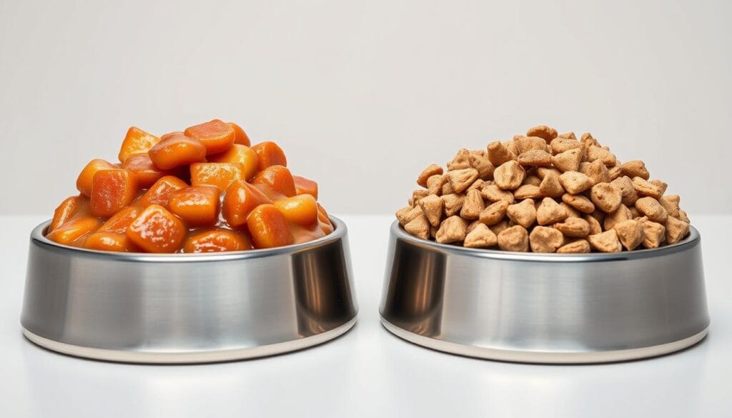 A high-resolution side-by-side comparison of wet and dry cat food, showcased in a clean, minimalist setting. In the foreground, two stainless steel bowls filled with moist, glistening wet food and crunchy, textured dry kibble. The middle ground features a sleek, modern table surface, while the background is a simple, neutral-toned wall, creating a crisp, studio-like atmosphere. Soft, even lighting illuminates the scene, highlighting the distinct textures and appearances of the two food types. The composition emphasizes the visual contrast, inviting the viewer to closely examine the differences between wet and dry cat sustenance. A high-resolution side-by-side comparison of wet and dry cat food, showcased in a clean, minimalist setting. In the foreground, two stainless steel bowls filled with moist, glistening wet food and crunchy, textured dry kibble. The middle ground features a sleek, modern table surface, while the background is a simple, neutral-toned wall, creating a crisp, studio-like atmosphere. Soft, even lighting illuminates the scene, highlighting the distinct textures and appearances of the two food types. The composition emphasizes the visual contrast, inviting the viewer to closely examine the differences between wet and dry cat sustenance.