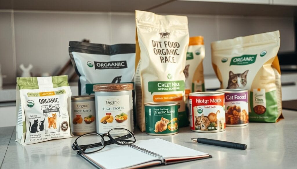 A kitchen counter with a variety of organic cat food packages, bags, and cans neatly arranged. The packages feature clear labeling, illustrations of cats, and claims like "natural ingredients," "no fillers," and "high-protein." A pair of reading glasses, a notebook, and a pen are placed nearby, suggesting the scene of someone closely evaluating and comparing the labels. The lighting is soft and natural, creating a warm, informative atmosphere. The camera angle is slightly elevated, providing a clear, unobstructed view of the cat food products and the evaluation process. Organic Cat Food