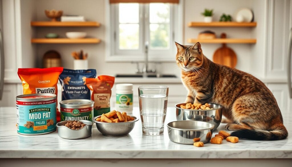 A meticulously composed feline meal plan set against a serene kitchen backdrop. In the foreground, an assortment of high-quality wet and dry cat food in complementary colors and textures, arranged with precision on a marble countertop. The midground features stainless steel bowls filled with fresh water and a selection of natural cat treats. In the background, subtle natural lighting filters through a large window, casting a warm, inviting glow. The overall atmosphere conveys a sense of balance, nutrition, and care for the feline companion's well-being. A meticulously composed feline meal plan set against a serene kitchen backdrop. In the foreground, an assortment of high-quality wet and dry cat food in complementary colors and textures, arranged with precision on a marble countertop. The midground features stainless steel bowls filled with fresh water and a selection of natural cat treats. In the background, subtle natural lighting filters through a large window, casting a warm, inviting glow. The overall atmosphere conveys a sense of balance, nutrition, and care for the feline companion's well-being.