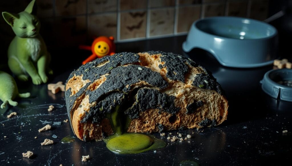 A moldy, greenish-black loaf of bread, its crust crumbling and oozing a toxic, viscous substance. The bread is positioned on a dark, cluttered countertop, surrounded by ominous-looking cat toys and a water bowl. The lighting is harsh, casting deep shadows and emphasizing the bread's unnatural, sickly appearance. The atmosphere is one of danger and warning, conveying the message that this type of bread poses a serious threat to feline health. A moldy, greenish-black loaf of bread, its crust crumbling and oozing a toxic, viscous substance. The bread is positioned on a dark, cluttered countertop, surrounded by ominous-looking cat toys and a water bowl. The lighting is harsh, casting deep shadows and emphasizing the bread's unnatural, sickly appearance. The atmosphere is one of danger and warning, conveying the message that this type of bread poses a serious threat to feline health.