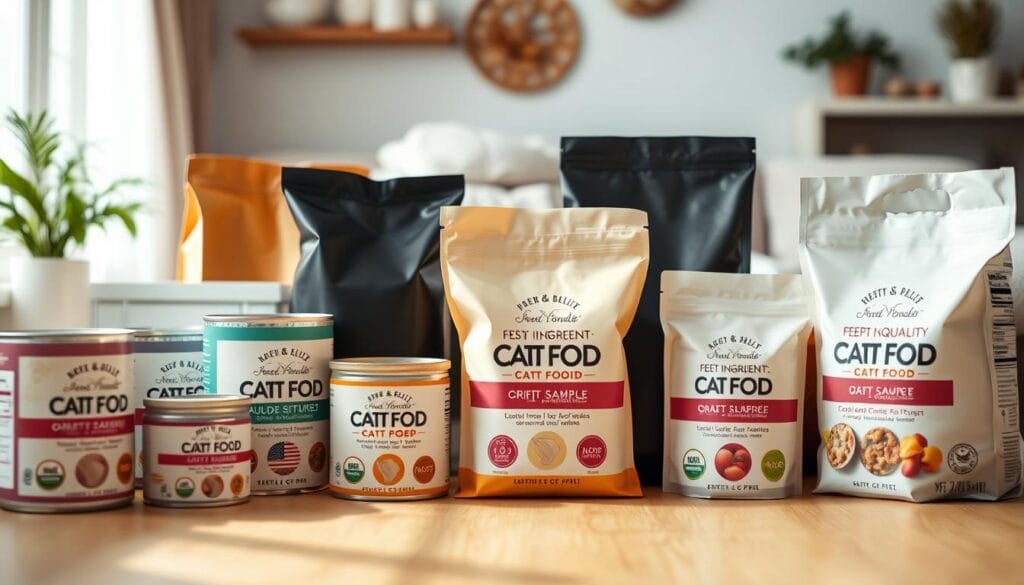 A neatly arranged composition of high-quality limited ingredient cat food products, captured in a soft, natural lighting. The foreground features various cans, bags, and boxes of these specialized cat foods, showcasing their simple, minimalist packaging design. The middle ground displays the individual product labels, highlighting the limited number of key ingredients. In the background, a subtly blurred backdrop of a cozy, domestic setting, conveying a sense of warmth and care for feline companions. The overall mood is one of quality, purity, and thoughtful pet nutrition. A neatly arranged composition of high-quality limited ingredient cat food products, captured in a soft, natural lighting. The foreground features various cans, bags, and boxes of these specialized cat foods, showcasing their simple, minimalist packaging design. The middle ground displays the individual product labels, highlighting the limited number of key ingredients. In the background, a subtly blurred backdrop of a cozy, domestic setting, conveying a sense of warmth and care for feline companions. The overall mood is one of quality, purity, and thoughtful pet nutrition.