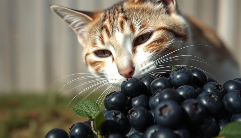 A serene scene of a curious cat cautiously sniffing a cluster of ripe, lush blueberries. The cat's expression conveys a mix of interest and hesitance, its whiskers twitching as it contemplates the berry's safety. The berries are illuminated by soft, natural lighting, casting gentle shadows that accentuate their rich, indigo hue. The background is a muted, pastoral setting, hinting at the tranquility of a backyard or garden. The composition is balanced, with the cat and berries occupying the focal point, inviting the viewer to consider the delicate relationship between feline and fruit. A serene scene of a curious cat cautiously sniffing a cluster of ripe, lush blueberries. The cat's expression conveys a mix of interest and hesitance, its whiskers twitching as it contemplates the berry's safety. The berries are illuminated by soft, natural lighting, casting gentle shadows that accentuate their rich, indigo hue. The background is a muted, pastoral setting, hinting at the tranquility of a backyard or garden. The composition is balanced, with the cat and berries occupying the focal point, inviting the viewer to consider the delicate relationship between feline and fruit.