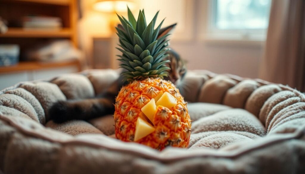 A serene scene showcasing a vibrant, ripe pineapple carefully positioned on a cozy pet bed, with soft lighting and a warm, inviting atmosphere. The pineapple is sliced in a cat-friendly manner, with the spiky crown trimmed and the flesh cut into bite-sized, easily consumable pieces. The setting exudes a sense of safety and comfort, encouraging a cautious yet curious feline to approach and enjoy the treat. Captured with a shallow depth of field, the pineapple takes center stage, while the background remains subtly blurred, directing the viewer's attention to the safe, cat-approved pineapple. A serene scene showcasing a vibrant, ripe pineapple carefully positioned on a cozy pet bed, with soft lighting and a warm, inviting atmosphere. The pineapple is sliced in a cat-friendly manner, with the spiky crown trimmed and the flesh cut into bite-sized, easily consumable pieces. The setting exudes a sense of safety and comfort, encouraging a cautious yet curious feline to approach and enjoy the treat. Captured with a shallow depth of field, the pineapple takes center stage, while the background remains subtly blurred, directing the viewer's attention to the safe, cat-approved pineapple.