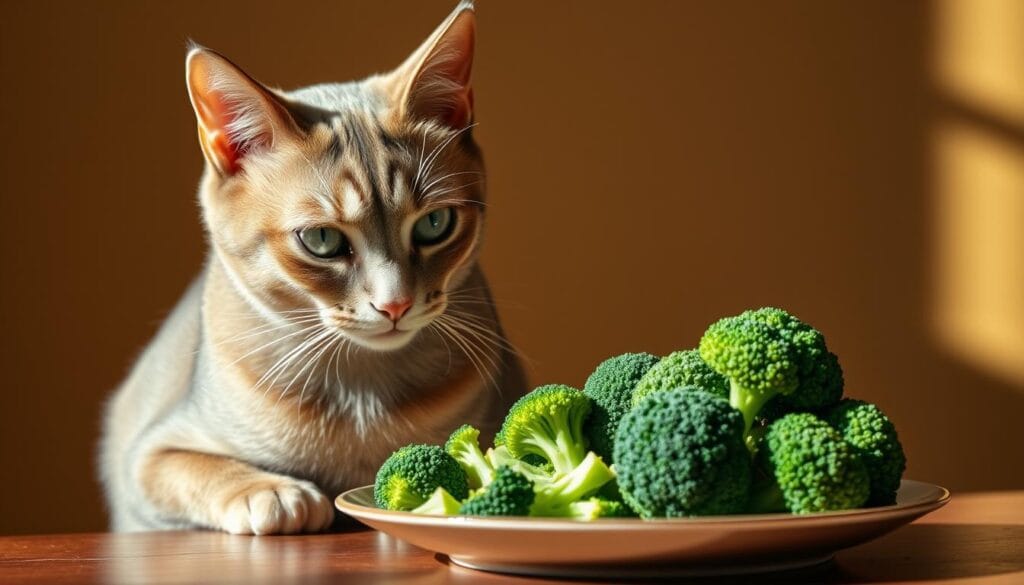 A sleek, healthy cat sits before a plate of fresh broccoli florets, its eyes intently focused on the serving. The lighting is soft and natural, casting gentle shadows that accentuate the cat's features. The broccoli is arranged with care, the individual florets neatly organized to showcase their vibrant green hues. The background is a warm, neutral tone, allowing the cat and the broccoli to take center stage. The composition is balanced, with the cat positioned slightly off-center, creating a sense of visual interest. The overall mood is one of calm contemplation, inviting the viewer to consider the appropriate serving size for a feline companion. A sleek, healthy cat sits before a plate of fresh broccoli florets, its eyes intently focused on the serving. The lighting is soft and natural, casting gentle shadows that accentuate the cat's features. The broccoli is arranged with care, the individual florets neatly organized to showcase their vibrant green hues. The background is a warm, neutral tone, allowing the cat and the broccoli to take center stage. The composition is balanced, with the cat positioned slightly off-center, creating a sense of visual interest. The overall mood is one of calm contemplation, inviting the viewer to consider the appropriate serving size for a feline companion.