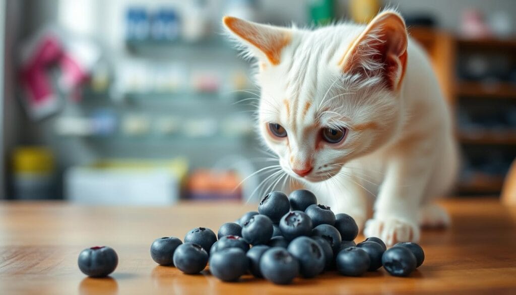 A small white cat cautiously sniffing a cluster of ripe blueberries on a wooden table, with a concerned expression on its face. In the background, a blurred image of a veterinary clinic or pet store, hinting at the potential health risks of cats consuming blueberries. The scene is lit by soft, natural lighting, creating a pensive, educational atmosphere. The camera angle is slightly elevated, giving a bird's-eye view of the interaction between the cat and the berries. A small white cat cautiously sniffing a cluster of ripe blueberries on a wooden table, with a concerned expression on its face. In the background, a blurred image of a veterinary clinic or pet store, hinting at the potential health risks of cats consuming blueberries. The scene is lit by soft, natural lighting, creating a pensive, educational atmosphere. The camera angle is slightly elevated, giving a bird's-eye view of the interaction between the cat and the berries.