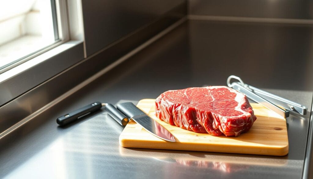 A stainless steel kitchen counter, illuminated by bright natural light streaming through a nearby window. On the counter, a cutting board holds a slab of raw, uncooked beef, its deep crimson color glistening with freshness. Surrounding the meat are various kitchen utensils - a sharp chef's knife, a meat thermometer, and a pair of tongs - conveying a sense of preparation and care. The scene exudes an air of clinical cleanliness, emphasizing the importance of food safety when handling raw meat. The overall composition suggests a thoughtful, methodical approach to ensuring the proper handling and preparation of raw meat. A stainless steel kitchen counter, illuminated by bright natural light streaming through a nearby window. On the counter, a cutting board holds a slab of raw, uncooked beef, its deep crimson color glistening with freshness. Surrounding the meat are various kitchen utensils - a sharp chef's knife, a meat thermometer, and a pair of tongs - conveying a sense of preparation and care. The scene exudes an air of clinical cleanliness, emphasizing the importance of food safety when handling raw meat. The overall composition suggests a thoughtful, methodical approach to ensuring the proper handling and preparation of raw meat.