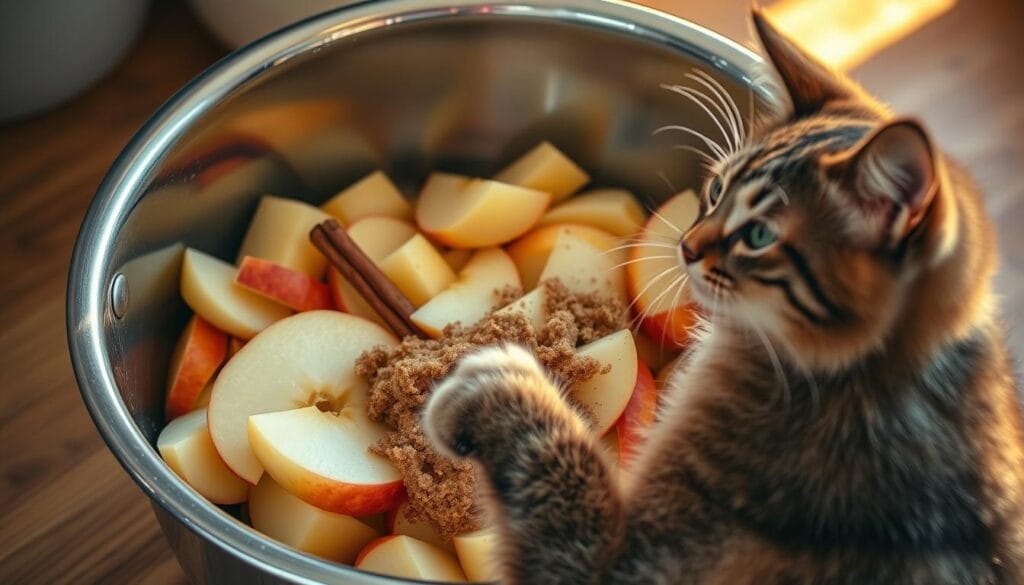 A stainless steel mixing bowl filled with fresh, organic ingredients for homemade applesauce - peeled and sliced Honeycrisp apples, a cinnamon stick, a squeeze of lemon juice, and a sprinkle of brown sugar. Warm golden light illuminates the scene, casting soft shadows and highlighting the vibrant colors. In the foreground, a curious house cat watches intently, its paws resting on the edge of the bowl, as if contemplating whether to give this intriguing concoction a taste. The mood is one of domestic coziness and culinary experimentation. A stainless steel mixing bowl filled with fresh, organic ingredients for homemade applesauce - peeled and sliced Honeycrisp apples, a cinnamon stick, a squeeze of lemon juice, and a sprinkle of brown sugar. Warm golden light illuminates the scene, casting soft shadows and highlighting the vibrant colors. In the foreground, a curious house cat watches intently, its paws resting on the edge of the bowl, as if contemplating whether to give this intriguing concoction a taste. The mood is one of domestic coziness and culinary experimentation.