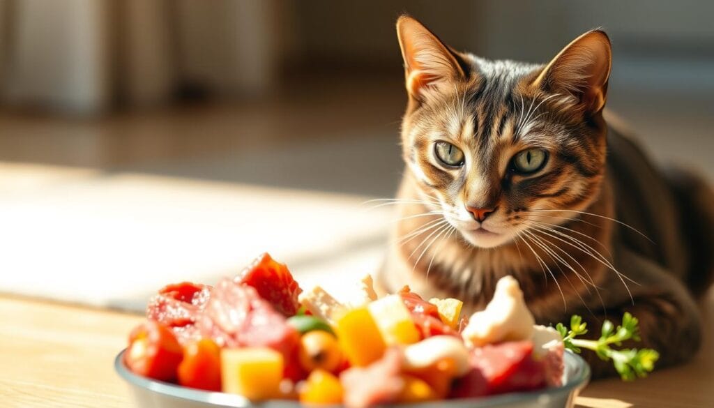 A vibrant, closeup photograph of a sleek, well-groomed cat enjoying a raw food meal. The cat is sitting upright, its intelligent eyes focused intently on the dish before it, which is filled with a colorful assortment of fresh, unprocessed meats, organs, and bones. The lighting is natural and warm, casting a soft glow on the cat's fur and highlighting the textures of the raw ingredients. The background is blurred, drawing the viewer's attention solely to the cat and its nourishing feast. The overall scene conveys the cat's obvious relish and satisfaction, visually communicating the key benefits of a raw, species-appropriate diet - optimal health, shiny coat, and natural energy. A vibrant, closeup photograph of a sleek, well-groomed cat enjoying a raw food meal. The cat is sitting upright, its intelligent eyes focused intently on the dish before it, which is filled with a colorful assortment of fresh, unprocessed meats, organs, and bones. The lighting is natural and warm, casting a soft glow on the cat's fur and highlighting the textures of the raw ingredients. The background is blurred, drawing the viewer's attention solely to the cat and its nourishing feast. The overall scene conveys the cat's obvious relish and satisfaction, visually communicating the key benefits of a raw, species-appropriate diet - optimal health, shiny coat, and natural energy.