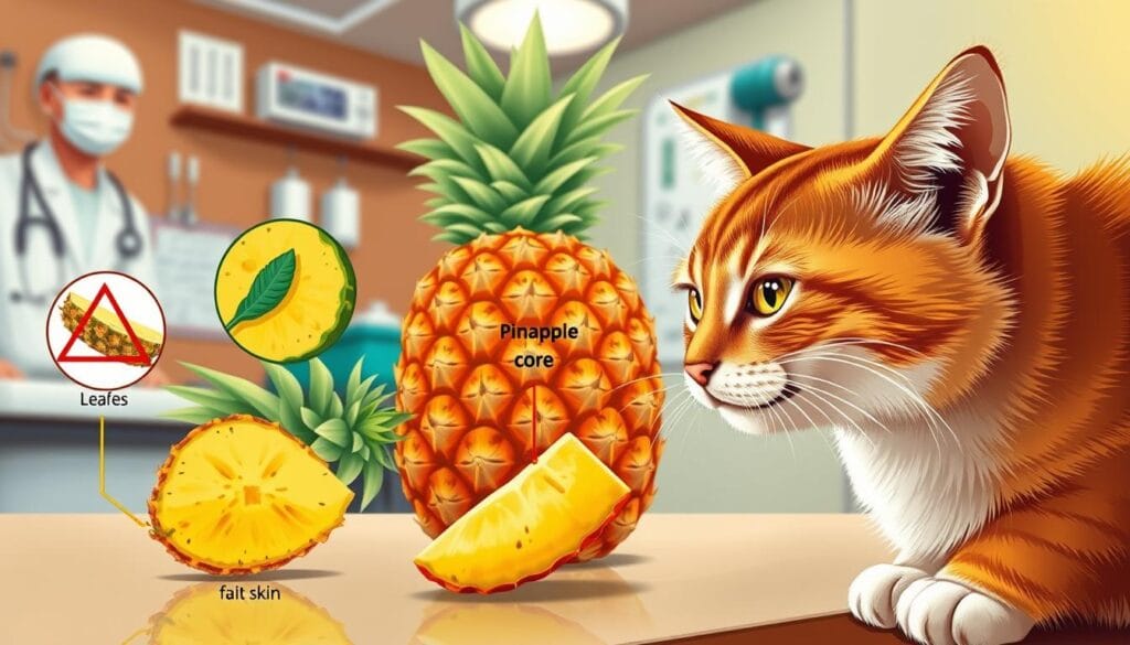 A vibrant, detailed illustration depicting the potential risks of pineapple for cats. In the foreground, a curious cat sniffs a slice of pineapple, its expression cautious. The middle ground showcases various pineapple components, such as the leaves, core, and skin, with cautionary icons and text highlighting their potential toxicity to felines. The background depicts a veterinary clinic, with medical equipment and a concerned veterinarian, conveying the importance of understanding the dangers pineapple can pose to cats. The lighting is warm and natural, creating a sense of educational gravitas. The overall composition emphasizes the need for cat owners to be aware of the risks and take appropriate precautions when it comes to feeding pineapple to their pets. A vibrant, detailed illustration depicting the potential risks of pineapple for cats. In the foreground, a curious cat sniffs a slice of pineapple, its expression cautious. The middle ground showcases various pineapple components, such as the leaves, core, and skin, with cautionary icons and text highlighting their potential toxicity to felines. The background depicts a veterinary clinic, with medical equipment and a concerned veterinarian, conveying the importance of understanding the dangers pineapple can pose to cats. The lighting is warm and natural, creating a sense of educational gravitas. The overall composition emphasizes the need for cat owners to be aware of the risks and take appropriate precautions when it comes to feeding pineapple to their pets.