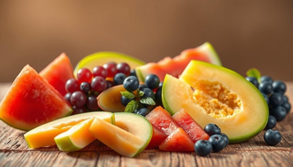 A vibrant still life arrangement showcasing an array of safe and nutritious fruits for cats, bathed in warm, natural lighting. In the foreground, a selection of fresh, juicy slices of cantaloupe, honeydew, and watermelon rests on a rustic wooden surface, their vibrant colors and textures inviting the viewer. In the middle ground, clusters of halved grapes and blueberries add pops of deep purple and blue, complemented by the soft green leaves of a sprig of catnip. The background features a subtle gradient, creating a sense of depth and focus on the delectable treats. The overall composition exudes a sense of harmony, health, and the perfect balance of flavors and textures suitable for feline enjoyment. A vibrant still life arrangement showcasing an array of safe and nutritious fruits for cats, bathed in warm, natural lighting. In the foreground, a selection of fresh, juicy slices of cantaloupe, honeydew, and watermelon rests on a rustic wooden surface, their vibrant colors and textures inviting the viewer. In the middle ground, clusters of halved grapes and blueberries add pops of deep purple and blue, complemented by the soft green leaves of a sprig of catnip. The background features a subtle gradient, creating a sense of depth and focus on the delectable treats. The overall composition exudes a sense of harmony, health, and the perfect balance of flavors and textures suitable for feline enjoyment.