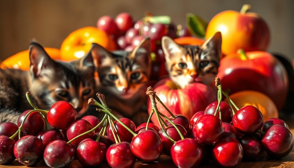 A vibrant still life scene showcasing various colorful fruits and a group of curious cats. In the foreground, a cluster of plump, ripe cherries contrasts with the sleek, glossy coats of two mischievous felines. The middle ground features a selection of other tempting fruits, such as juicy oranges, a lush bunch of grapes, and a glistening apple. The background is softly blurred, creating a sense of depth and focus on the central subjects. Warm, natural lighting casts subtle shadows, highlighting the textures and colors of the scene. The overall mood is one of playful intrigue, inviting the viewer to explore the myths and misconceptions surrounding cats and their dietary preferences. A vibrant still life scene showcasing various colorful fruits and a group of curious cats. In the foreground, a cluster of plump, ripe cherries contrasts with the sleek, glossy coats of two mischievous felines. The middle ground features a selection of other tempting fruits, such as juicy oranges, a lush bunch of grapes, and a glistening apple. The background is softly blurred, creating a sense of depth and focus on the central subjects. Warm, natural lighting casts subtle shadows, highlighting the textures and colors of the scene. The overall mood is one of playful intrigue, inviting the viewer to explore the myths and misconceptions surrounding cats and their dietary preferences.