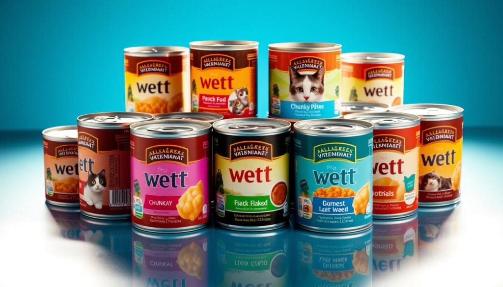 A vibrant, well-lit display of various wet cat food cans in a variety of flavors and textures. The cans are arranged artfully on a clean, reflective surface, casting subtle shadows that add depth and dimension. The labels feature colorful, eye-catching designs that highlight the diverse options available, from chunky pâtés to delicate flaked varieties. The lighting, slightly from above, casts a warm, inviting glow, emphasizing the glossy, tempting appearance of the canned cat food. The overall composition is clean, balanced, and draws the viewer's attention to the enticing selection of wet cat food styles. A vibrant, well-lit display of various wet cat food cans in a variety of flavors and textures. The cans are arranged artfully on a clean, reflective surface, casting subtle shadows that add depth and dimension. The labels feature colorful, eye-catching designs that highlight the diverse options available, from chunky pâtés to delicate flaked varieties. The lighting, slightly from above, casts a warm, inviting glow, emphasizing the glossy, tempting appearance of the canned cat food. The overall composition is clean, balanced, and draws the viewer's attention to the enticing selection of wet cat food styles.
