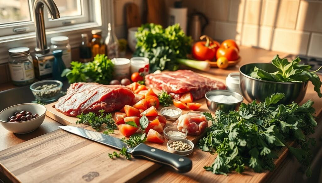 A well-lit kitchen counter with an array of fresh, vibrant ingredients spread out, including raw meat, vegetables, herbs, and supplements. A wooden cutting board in the foreground, with a sharp knife and a metal bowl nearby, conveying the preparation process. The scene is bathed in warm, natural lighting, casting soft shadows and highlighting the textures and colors of the raw food items. The overall composition suggests a sense of care, attention to detail, and a commitment to creating a nutritionally balanced raw diet for a feline companion. A well-lit kitchen counter with an array of fresh, vibrant ingredients spread out, including raw meat, vegetables, herbs, and supplements. A wooden cutting board in the foreground, with a sharp knife and a metal bowl nearby, conveying the preparation process. The scene is bathed in warm, natural lighting, casting soft shadows and highlighting the textures and colors of the raw food items. The overall composition suggests a sense of care, attention to detail, and a commitment to creating a nutritionally balanced raw diet for a feline companion.