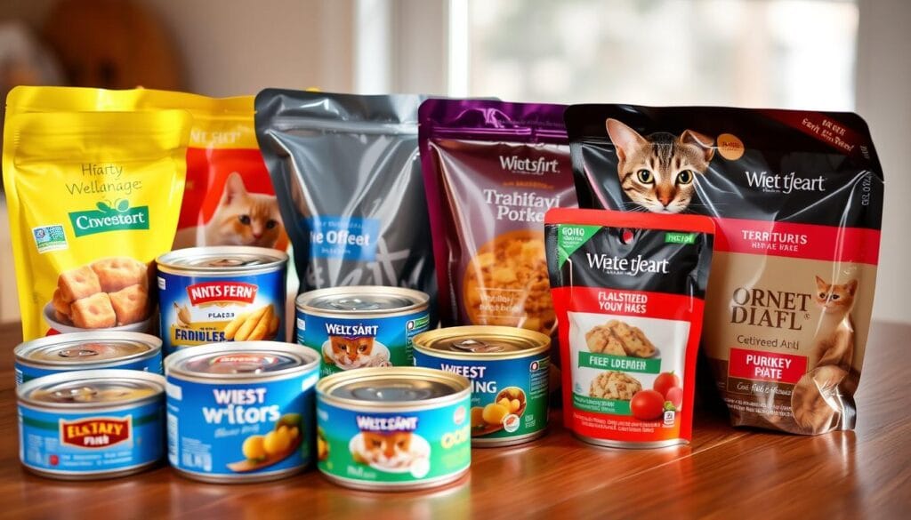 An assortment of wet cat food cans and pouches arranged on a wooden table, with natural lighting from a window illuminating the scene. The cans and pouches feature a variety of flavors and textures, including fish, poultry, and pâté. The labels showcase vibrant colors and enticing imagery to attract a cat's attention. The image conveys a sense of thoughtful consideration and selection, as the cat owner carefully examines the options to choose the most suitable wet food for their feline companion. An assortment of wet cat food cans and pouches arranged on a wooden table, with natural lighting from a window illuminating the scene. The cans and pouches feature a variety of flavors and textures, including fish, poultry, and pâté. The labels showcase vibrant colors and enticing imagery to attract a cat's attention. The image conveys a sense of thoughtful consideration and selection, as the cat owner carefully examines the options to choose the most suitable wet food for their feline companion.