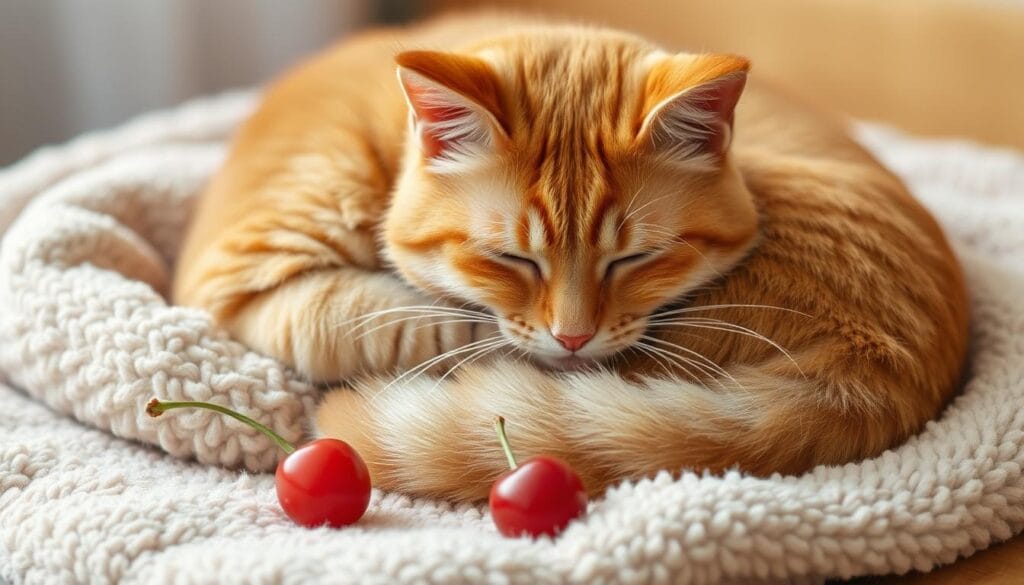 An orange tabby cat curled up on a soft, plush blanket, displaying classic symptoms of cherry poisoning - vomiting, lethargy, and loss of appetite. The feline's eyes are half-closed, and its fur appears disheveled. A single, bright red cherry is placed on the blanket nearby, serving as a subtle visual cue. The scene is captured in a warm, natural light, with a slightly blurred background, focusing the viewer's attention on the distressed cat. The overall mood conveys a sense of concern and the need for immediate veterinary attention. An orange tabby cat curled up on a soft, plush blanket, displaying classic symptoms of cherry poisoning - vomiting, lethargy, and loss of appetite. The feline's eyes are half-closed, and its fur appears disheveled. A single, bright red cherry is placed on the blanket nearby, serving as a subtle visual cue. The scene is captured in a warm, natural light, with a slightly blurred background, focusing the viewer's attention on the distressed cat. The overall mood conveys a sense of concern and the need for immediate veterinary attention.