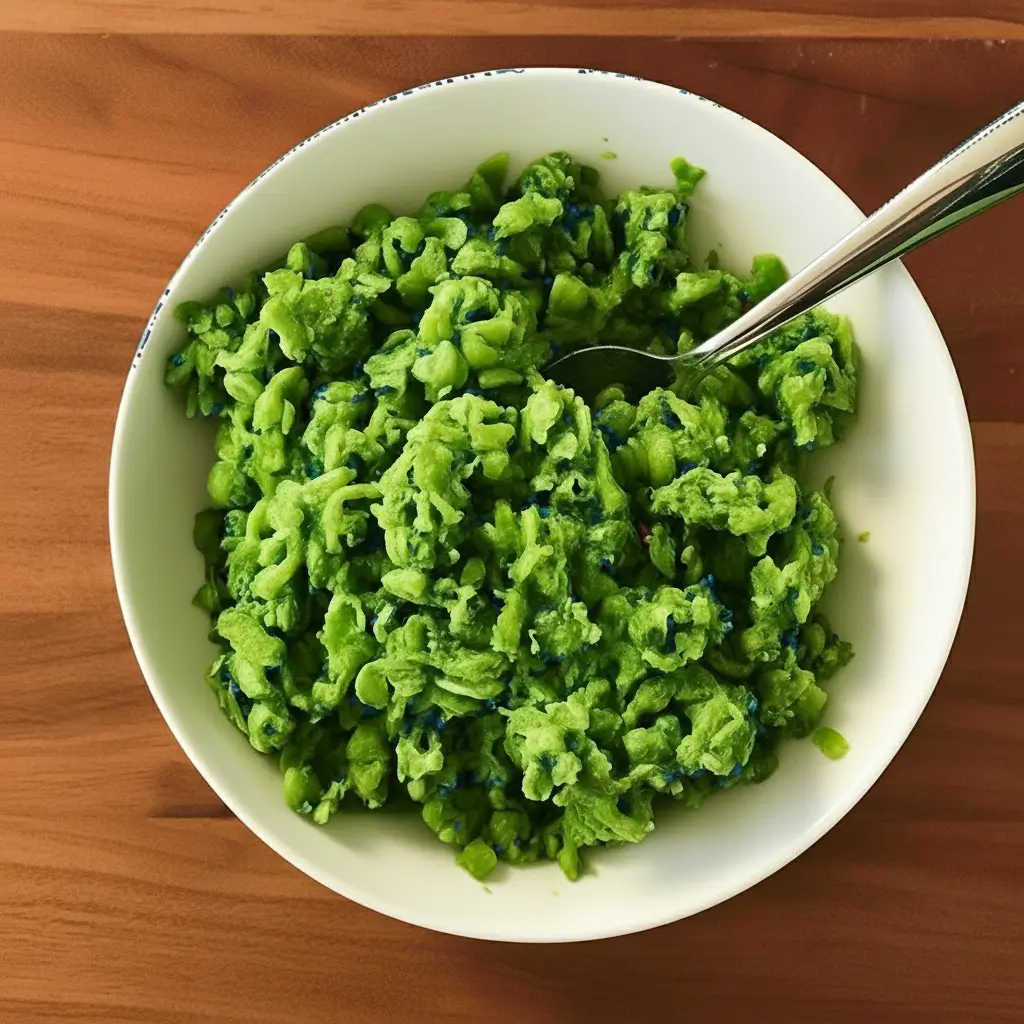 Mashed peas prepared as a soft food topper for cats
