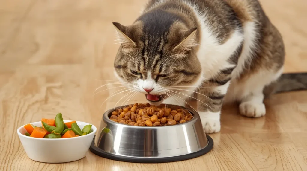 a cat eating food from a bowl