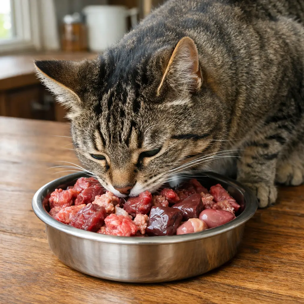 Tabby cat eating raw cat food from a stainless steel bowl in a home kitchen with natural lighting