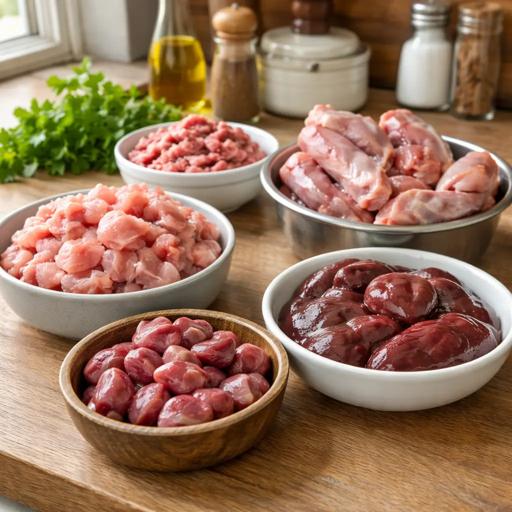 Raw cat food ingredients including chicken meat, organs, and bones arranged naturally on a kitchen counter