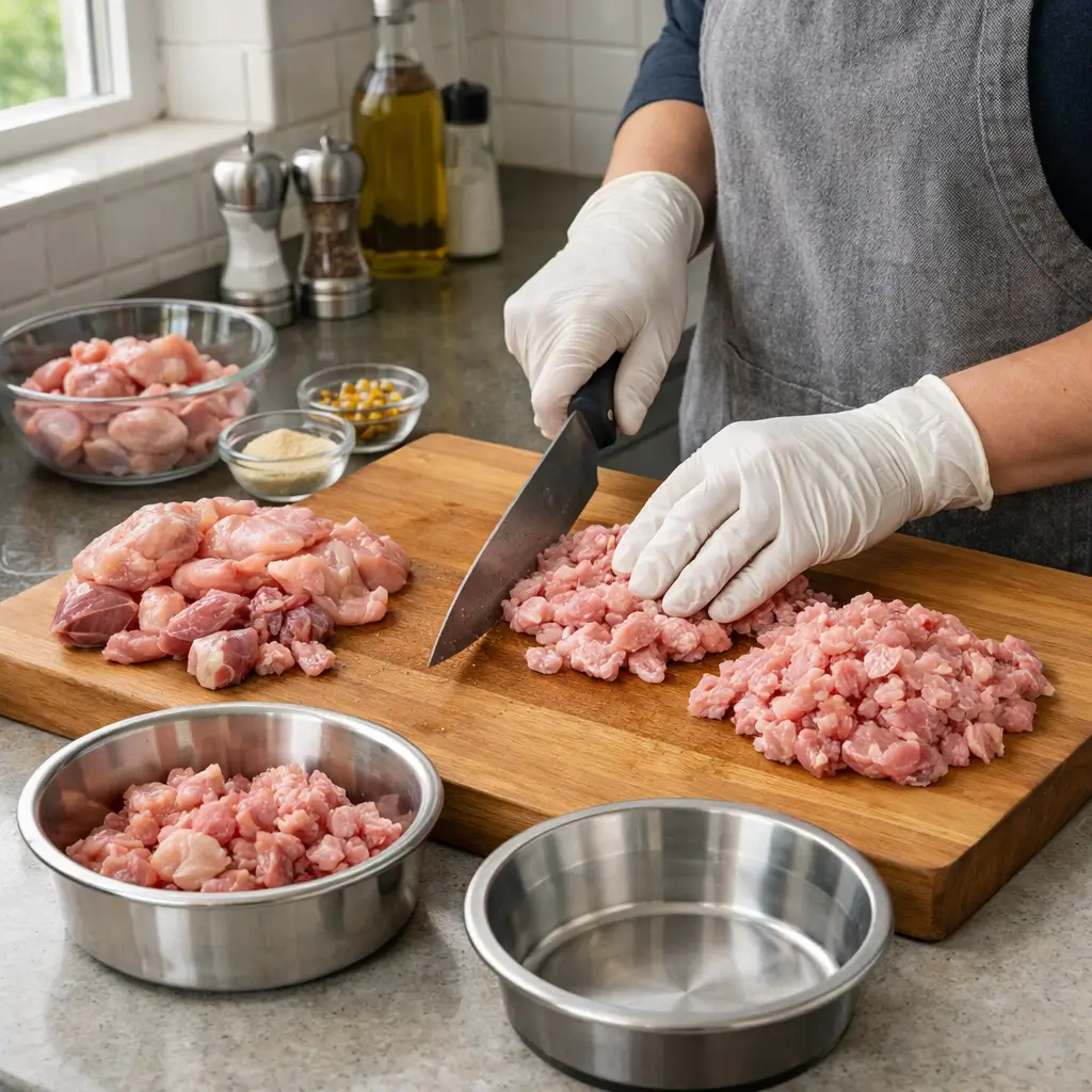 Preparing raw cat food safely using fresh meat on a clean cutting board in a home kitchen