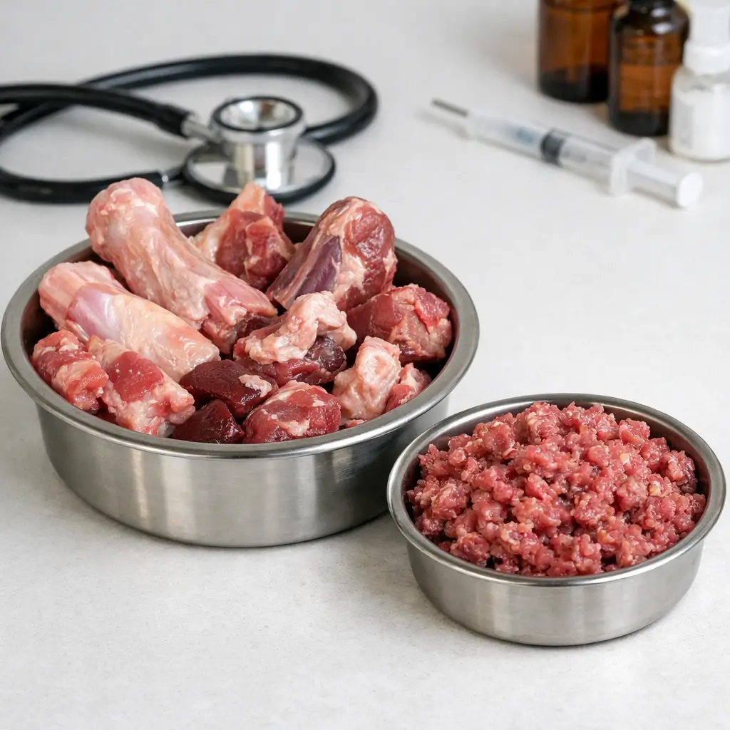 Raw cat food with meaty bones and ground meat showing proper calcium balance for cats