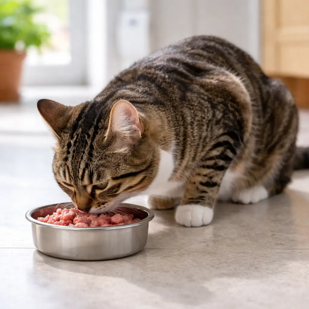 Healthy tabby cat enjoying homemade raw cat food with a shiny coat in a calm home environment