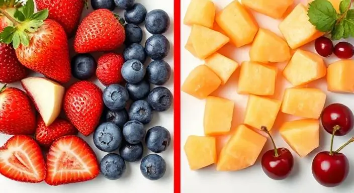 Assorted fruits: strawberries, blueberries, cantaloupe. what fruits can cats eat