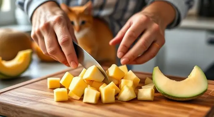 Person chopping fruit with cat nearby, what fruits can cats eat